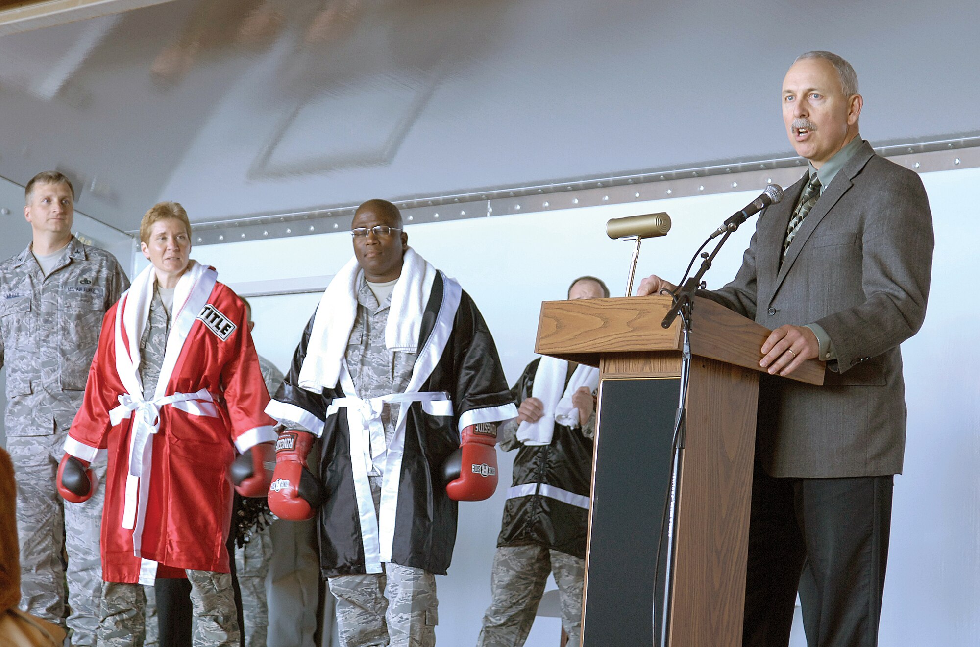 John Over, executive director of the Oklahoma City Air Logistics Center, shares his thoughts on successes for the Operational Readiness Inspection that beginsMonday. Base leaders Col. Evan Miller, 76th Propulsion Maintenance Group director; Col. Patricia Hoffman, 552nd Air Control Wing commander; and Col. Allen Jamerson, 72nd Air Base Wing and Tinker installation commander, also spoke at the event. (Air Force photo by Margo Wright)