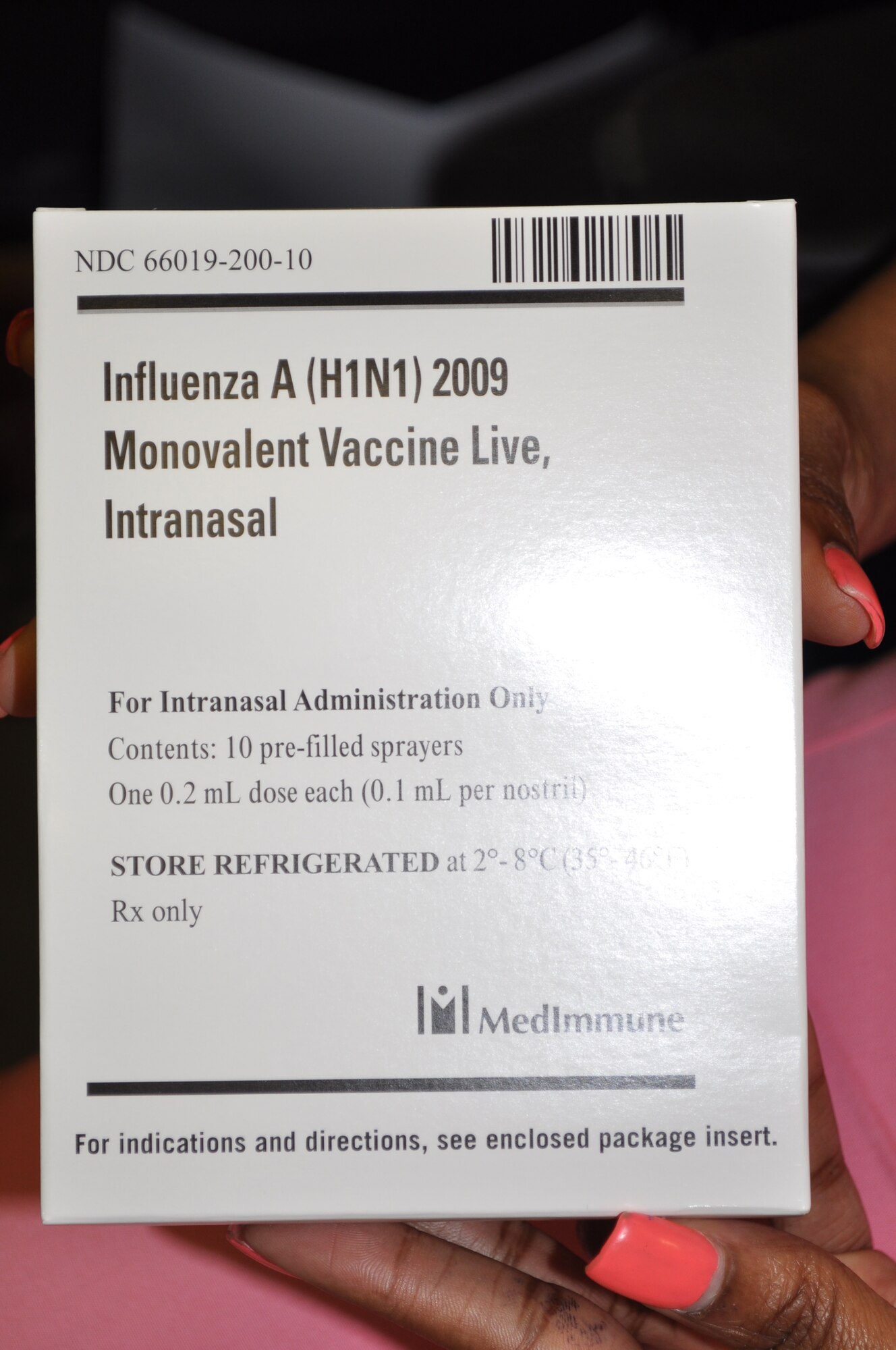 The 14th Medical Group has received 700 doses of H1N1 intranasal spray vaccine from the Mississippi Department of Health Oct 29. The vaccine will be only available for dependents and retirees who are between the ages 25 – 49 years and they live with or care for infants younger than 6 months of age, healthy adult dependents ages 10 - 24 years who are not pregnant and healthy children ages 2 – 9 years old. (U.S. Air Force Photo/Sonic Johnson)