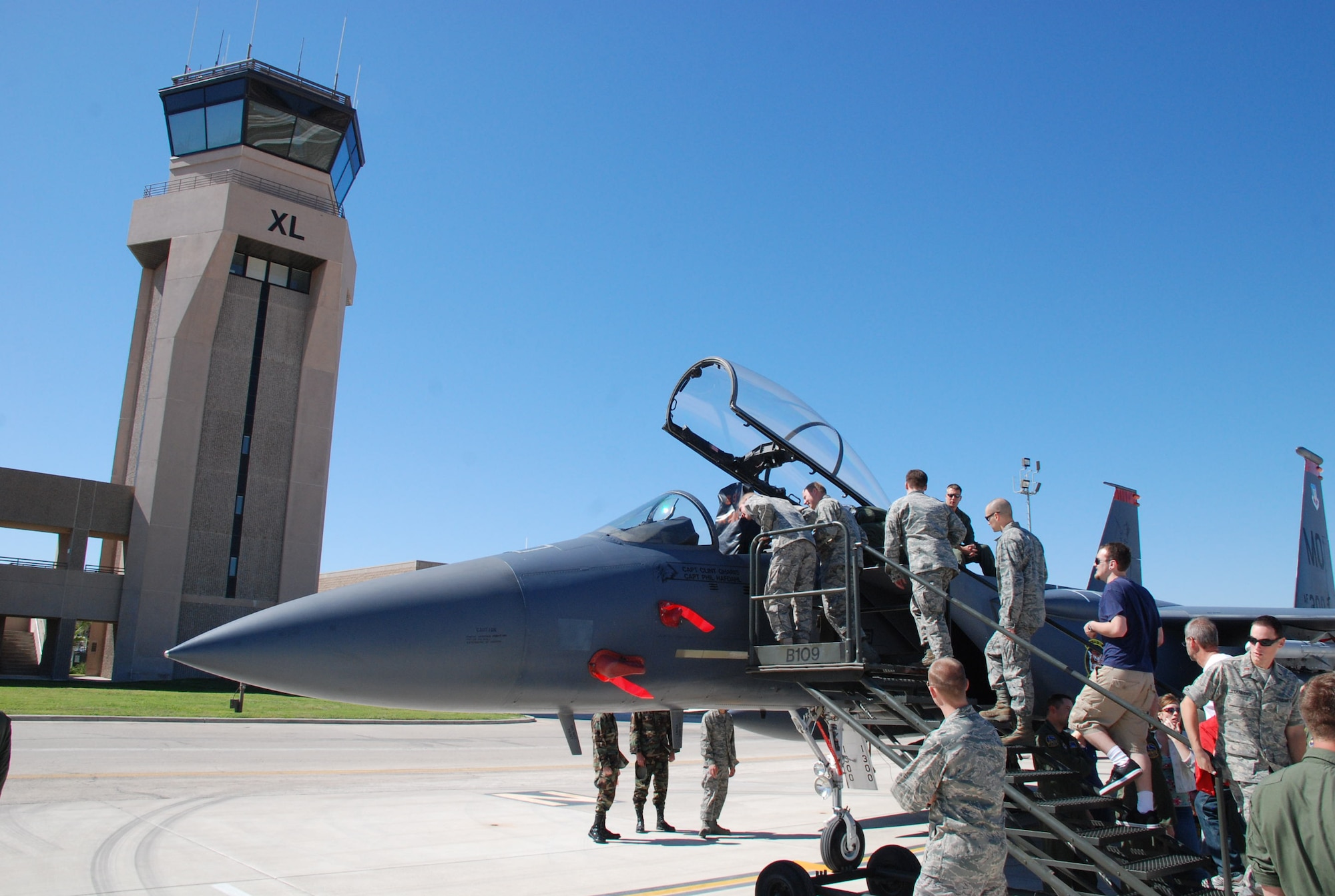 LAUGHLIN AIR FORCE BASE, Texas – Laughlin members and their families get an up-close look at the cockpit of an F-15 fighter jet at Laughlin’s Major Weapons Systems day on the flight line here Oct. 24. MWS day was held so future pilots could get a hands-on look at operational aircraft and their capabilities. (U.S. Air Force photo by Airman 1st Class Blake Mize)