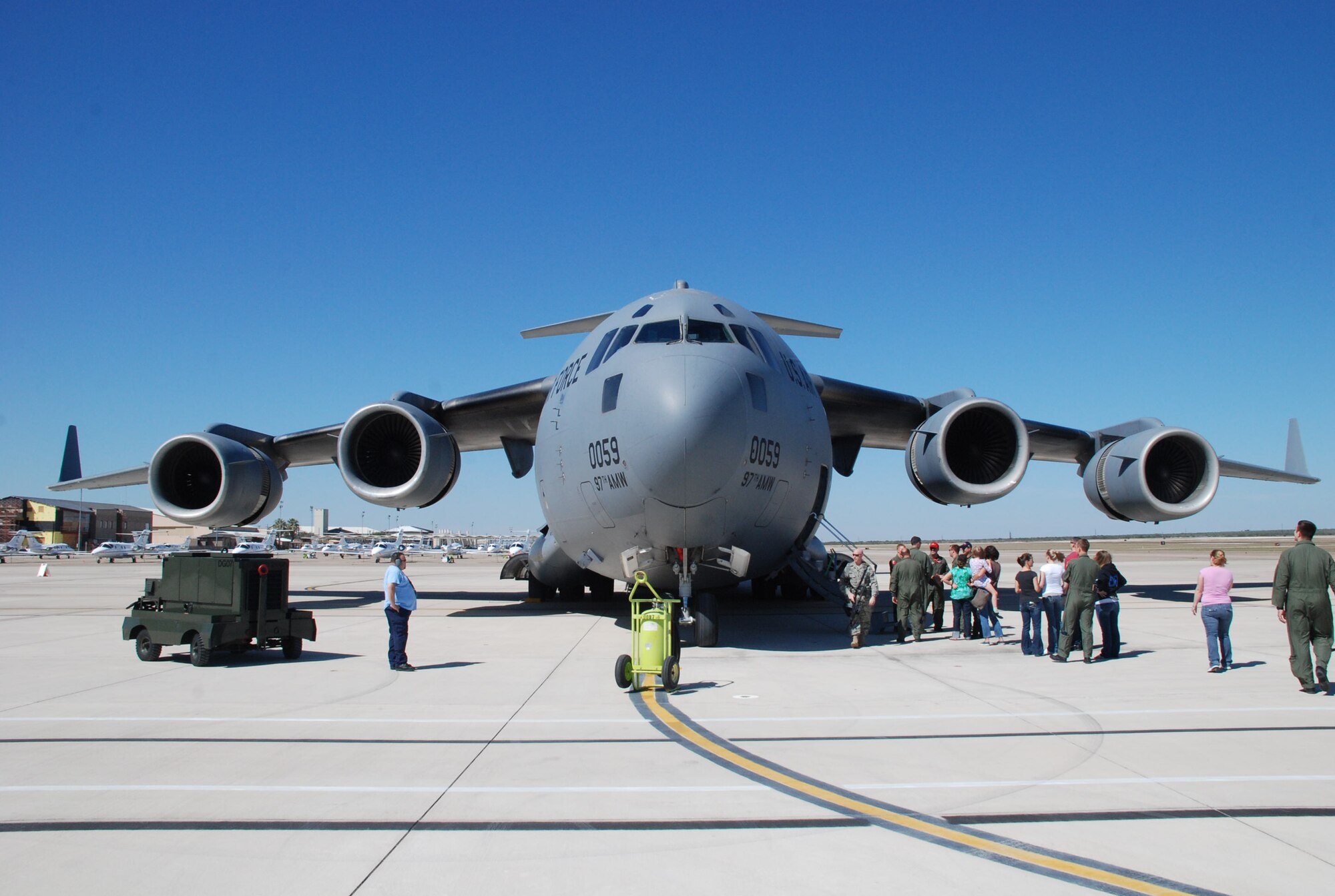 LAUGHLIN AIR FORCE BASE, Texas – A line forms as people await their opportunity to tour this C-17 Globemaster at Laughlin’s Major Weapons Systems day on the flight line here Oct. 24. MWS day was held so future pilots could get a hands-on look at operational aircraft and their capabilities. (U.S. Air Force photo by Airman 1st Class Blake Mize)