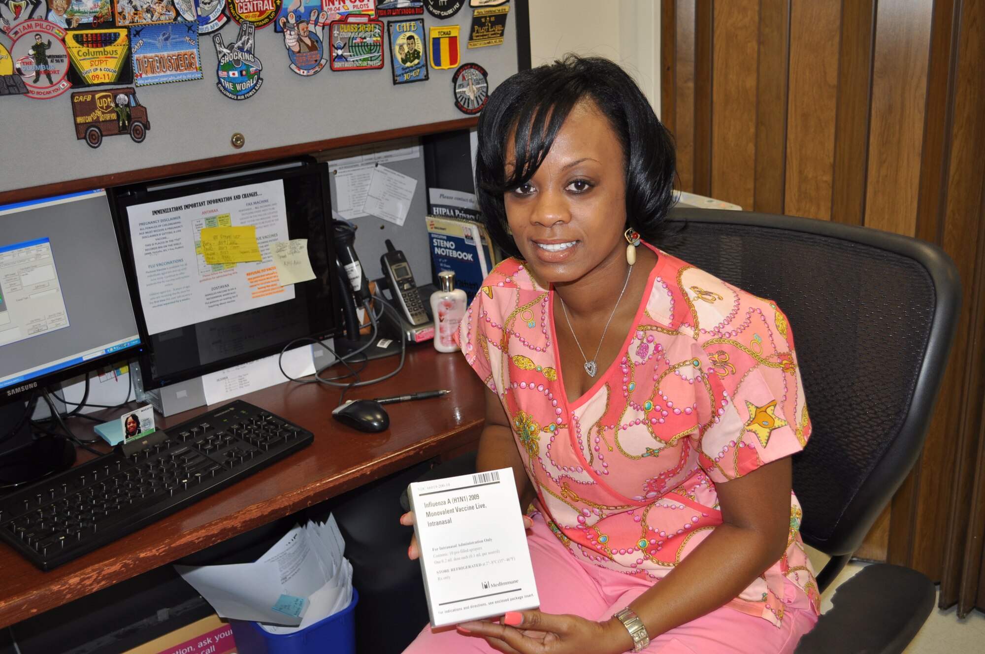 Nurse Brandi Armstrong, LPN, Immunization Technician at the 14th Medical Group, prepares some of the limited doses of H1N1 nasal spray vaccine available for dependents and retirees only Oct. 29. Eligible dependents and retirees can get their H1N1 nasal mist at the 14th Medical Group immunization clinic from 7:30 a.m. – 4 p.m. Monday, Tuesday, Wednesday, and Friday; and 7:30 a.m. – 12:00 p.m. on Thursdays.  See story for more details of eligibility. (U.S. Air Force Photo/Sonic Johnson)