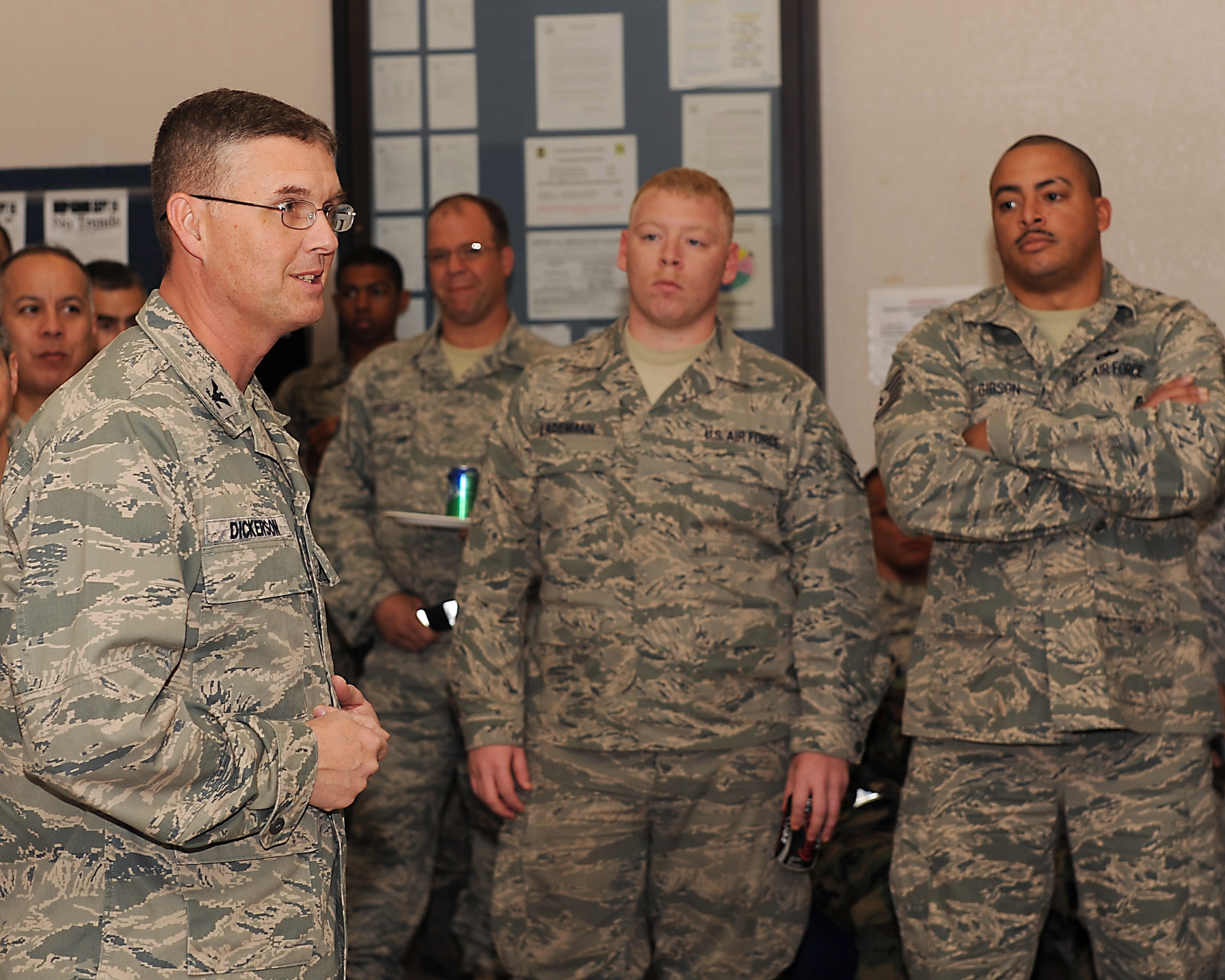 Col. Adam Dickerson, 314th Maintenance Group commander, explains to the members of the 314th Aircraft Maintenance Squadron the results of the Logistics Compliance Assessment Program inspection and to recognize the dedication of the entire group during the inspection. The LCAP's purpose was to evaluate the group’s compliance with Air Force policies and guidance. (U.S. Air Force photo by Staff Sgt. Chad Chisholm)