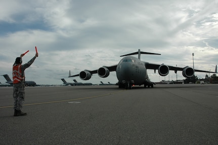The Air Force's newest C-17 arrives at Charleston AFB, S.C., Oct 28, 2009. Lieutenant General Charles Stenner, commander of Air For Reserve Command, accompanied by an all-Reserve crew from the 317th Airlift Squadron, presented a ceremonial key to Col. Steven Chapman, 315th Airlift Wing commander, on the flightline here, commemorating the Air Force’s 190th Globemaster III and Charleston’s 58th. 

