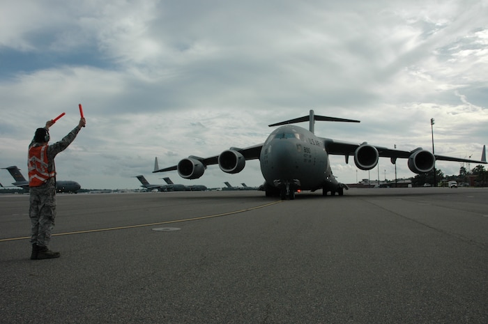 The Air Force's newest C-17 arrives at Charleston AFB, S.C., Oct 28, 2009. Lieutenant General Charles Stenner, commander of Air For Reserve Command, accompanied by an all-Reserve crew from the 317th Airlift Squadron, presented a ceremonial key to Col. Steven Chapman, 315th Airlift Wing commander, on the flightline here, commemorating the Air Force’s 190th Globemaster III and Charleston’s 58th. 

