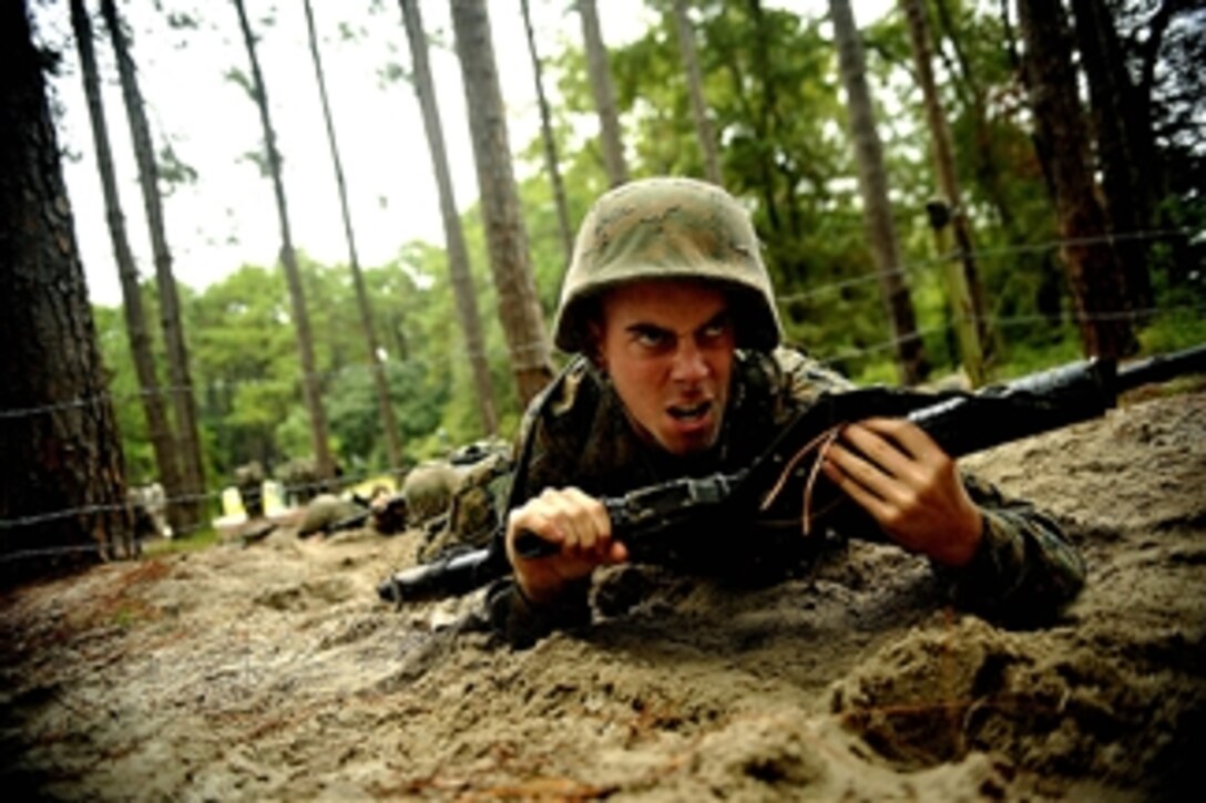 A U.S. Marine Corps recruit participates in a daytime movement simulator during basic training at Marine Corps Recruit Depot Parris Island, S.C., on Oct. 15, 2009.  