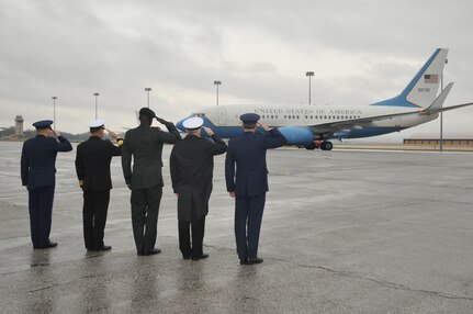 U.S. Strategic Command senior leadership renders honors as GEN Xu, vice chairman of the People&#039;s Liberation Army Central Military Commission&#039;s aircraft departs Oct. 29. During GEN Xu&#039;s eight-day trip, he is visiting U.S. military installations and organizations around the country, including the U.S. Naval Academy; Nellis Air Force Base, Nev.; the North Island Naval Air Station in San Diego, and U.S. Pacific Command, Camp Smith, Hawaii.