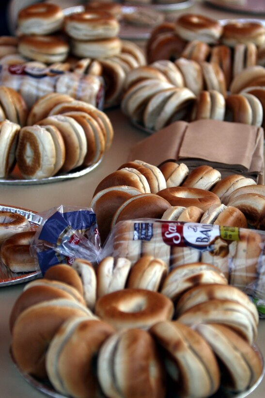 Participants in the biannual Marine Corps Communications-Electronics School Fun Run were treated to bagelsand other treats after crossed the finish line. Massage businesses from the local area also provided post-run massages.