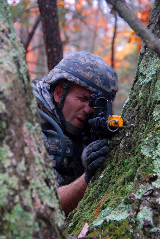 Air Force Staff Sgt. Sam Edelman, 113th Security Forces Squadron Fire Team member, provides perimeter security during unmounted patrol training on October 27, 2009. The 113SFS is engaged in pre-deployment training exercises conducted by the U.S. Air Force Expeditionary Center's 421st Combat Training Squadron at Joint Base McGuire-Dix-Lakehurst, N.J. (U.S. Air Force photo/Tech. Sgt. Adrianne L. Wilson)