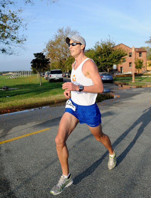 LANGLEY AIR FORCE BASE, Va. – Maj. Robert Schabron, 1st Force Support Squadron, races toward the finish line during the annual 2009 Langley First Sergeants’ Operation Warmheart 5K Run/Walk here Oct. 30. Major Schabron finished in first place with a time of 17:34. (U.S. Air Force photo/Senior Airman Dana Hill)