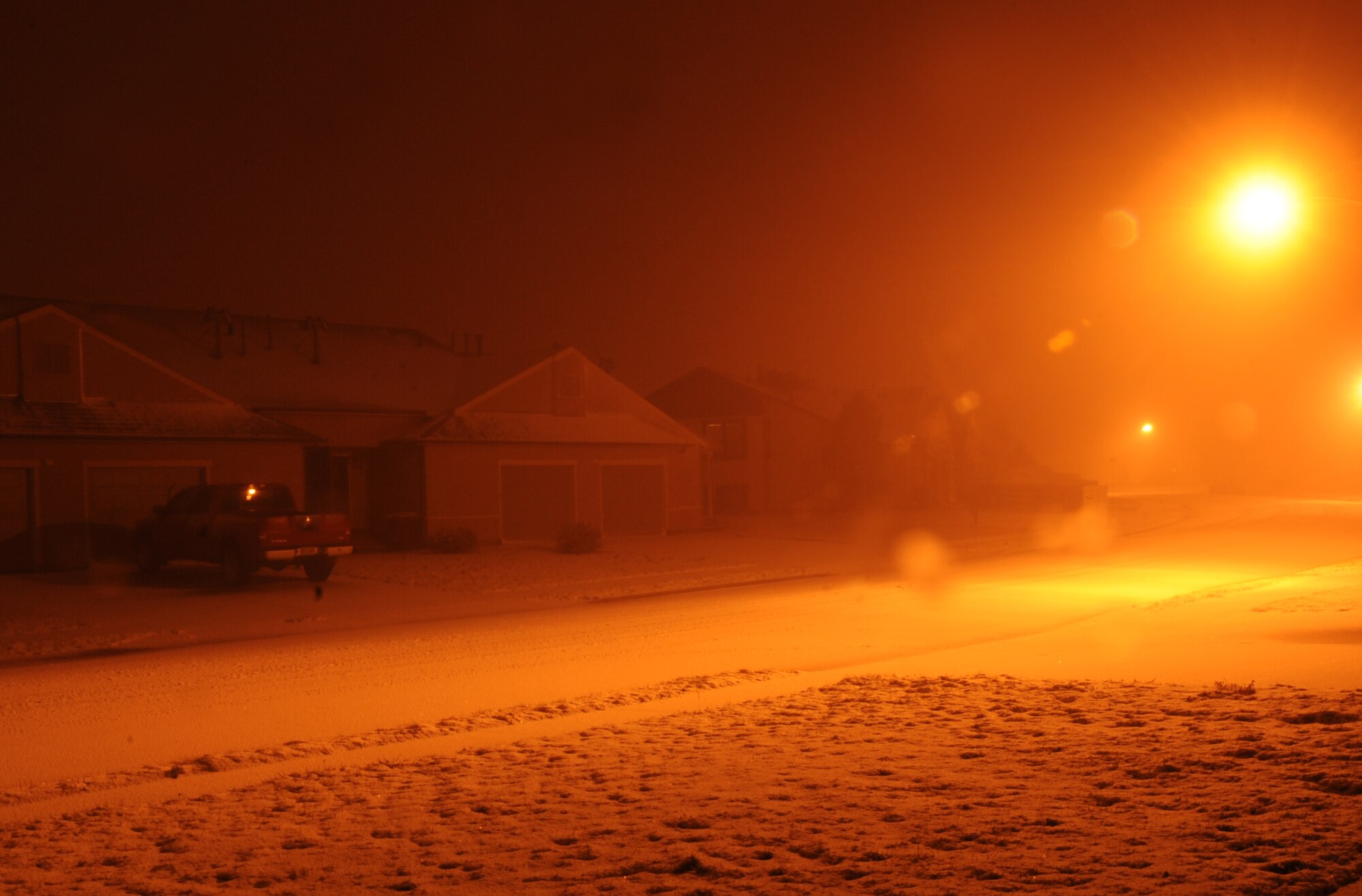 ELLSWORTH AFB, S.D. -- With 93 percent humidity and chilling temperatures below 30 degrees Fahrenheit, Ellsworth received about four inches of snow fall, Oct. 28.  With the winter season fast approaching, Airmen are highly encouraged to drive safe and keep emergency supplies on hand. (U.S. Air Force photo/Airman 1st Class Anthony Sanchelli) 