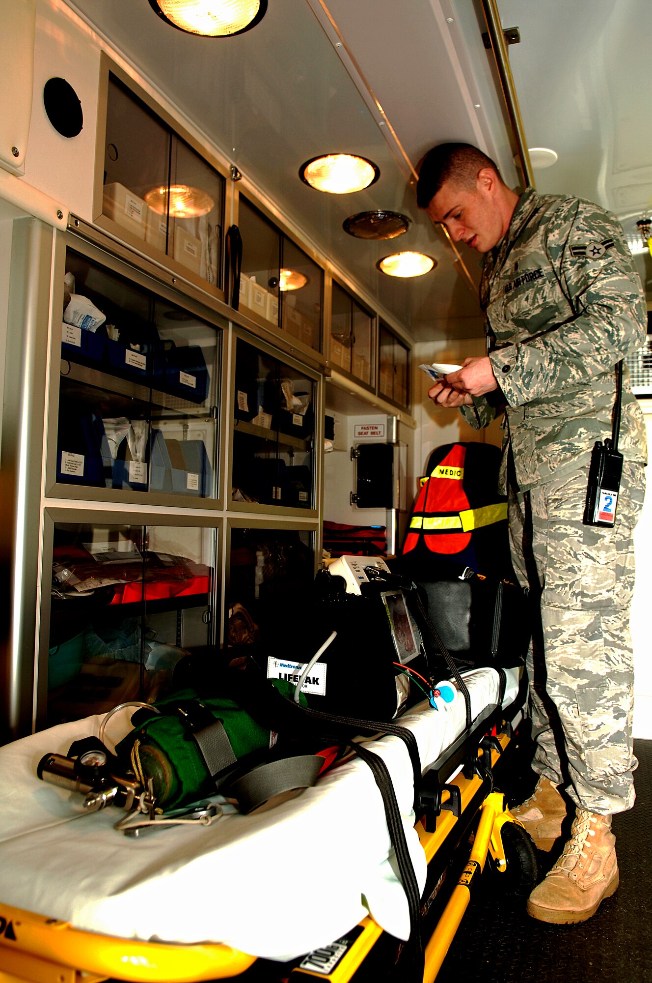 FAIRCHILD AIR FORCE BASE, Wash. – Airman 1st Class Michael Stevens, 92nd Medical Dental Squadron medical technician, reviews inventory on the ambulance and assures everything is working properly Oct. 22. (US Air Force photo/Airman 1st Class Natasha E. Stannard)
