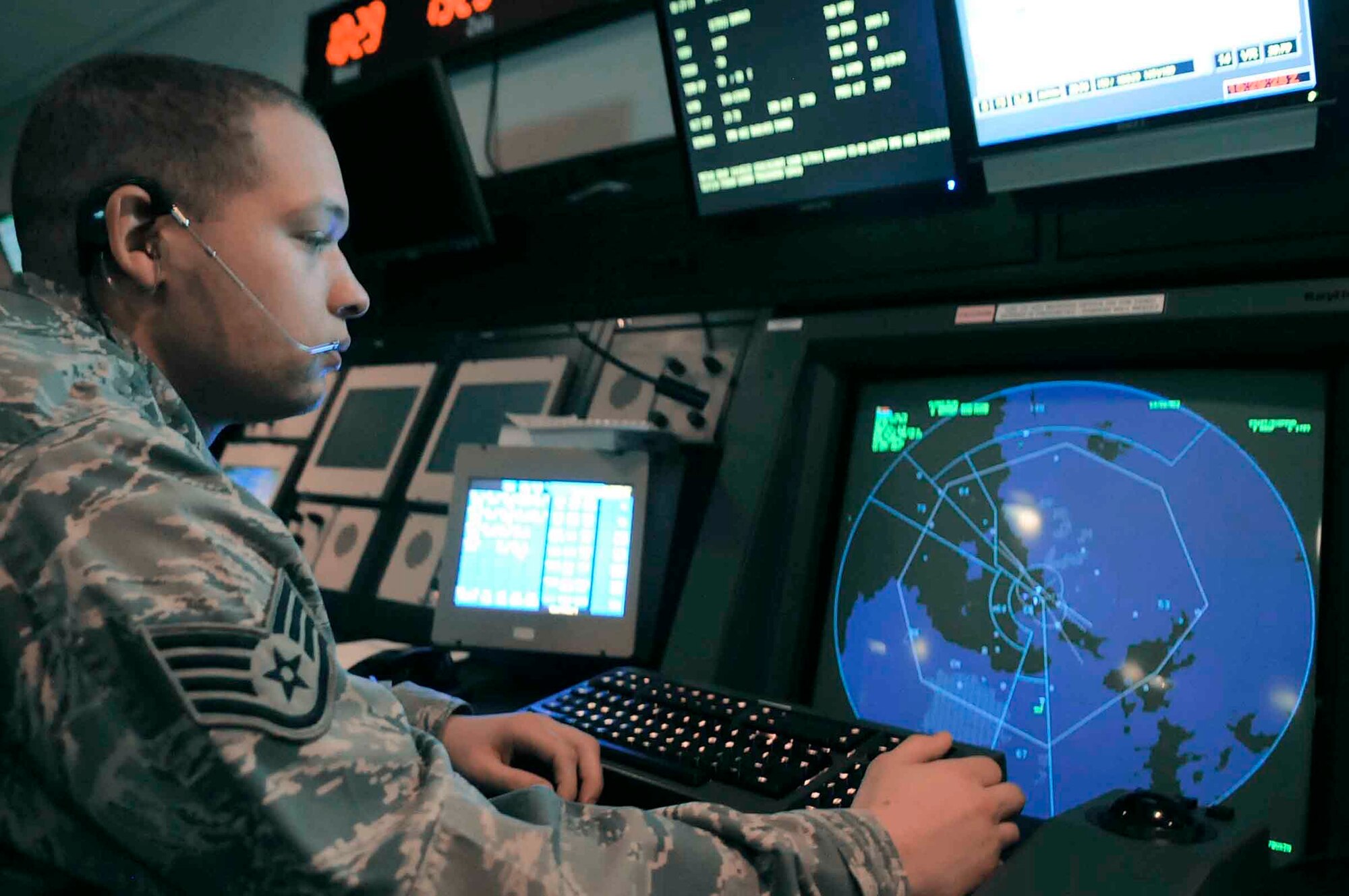Staff Sgt. Jacob Martin views a radar scope Oct. 14, 2009, at Ellsworth Air Force Base, S.D. The base recently switched from airport surveillance radar to digital airport surveillance radar. Sergeant Martin is a 28th Operations Support Squadron air traffic controller. (U.S. Air Force photo/Airman 1st Class Corey Hook) 