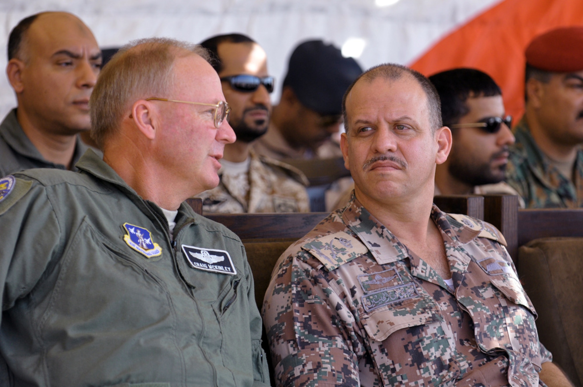 Gen. Craig McKinley, the chief of the National Guard Bureau, talks with His Royal Highness Prince Feisal Ibn Al-Hussein, Oct. 28, 2009, during the Falcon Air Meet at Mwaffaq Salti Air Base, Azraq, Jordan. The Falcon Air Meet is an annual exercise between the U.S. Air Force, the Royal Jordanian Air Force and other regional countries whose air forces fly the F-16 Fighting Falcon.  The Colorado and South Carolina Air National Guards are among this year's participants. (U.S. Army photo/Staff Sgt. Jim Greenhill)