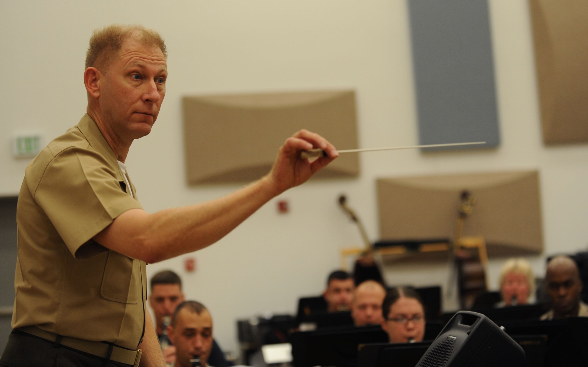LANGLEY AIR FORCE BASE, Va. – Chief Warrant Officer Robert Jacob, U.S. Marine Corps, conducts a joint forces military band during a rehearsal here Oct. 29 in preparation for the 14th Annual "Salute to Veterans" concert, hosted by U.S. Joint Forces Command.  The concert is scheduled for Friday, Nov. 6, at the Chrysler Hall in Norfolk and is free and open to the public.  (U.S. Air Force photo/Airman Rebecca Montez)