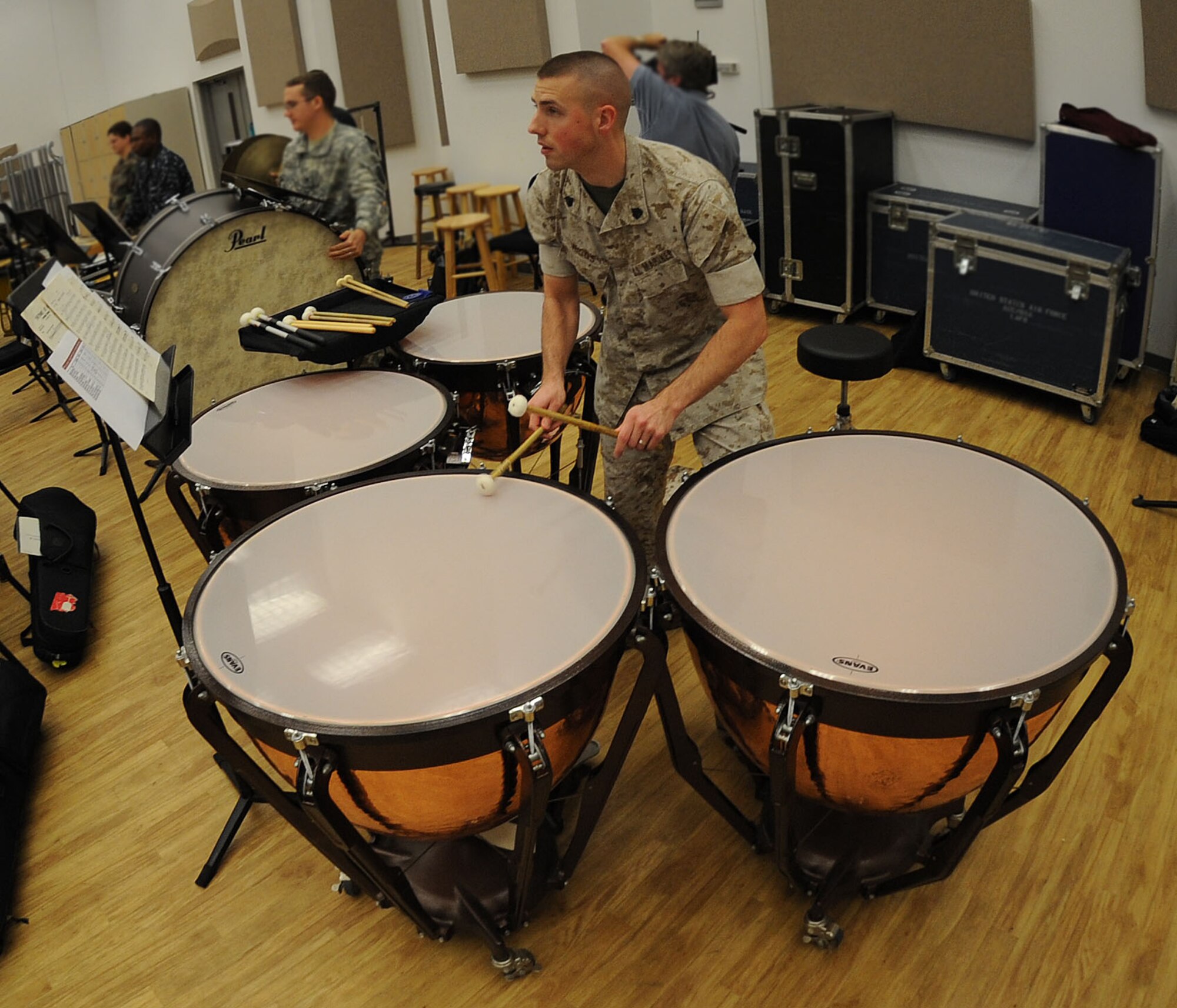 LANGLEY AIR FORCE BASE, Va. – U.S. Marine Sgt. Jarrid Riggs, a participant in the combined forces military band, practices during a rehearsal here Oct. 29 in preparation for the 14th Annual "Salute to Veterans" concert, hosted by U.S. Joint Forces Command.  The concert is scheduled for Friday, Nov. 6, at the Chrysler Hall in Norfolk and is free and open to the public.  (U.S. Air Force photo/Airman Rebecca Montez)