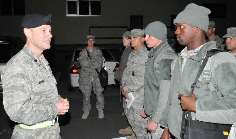 SPANGDAHLEM AIR BASE, Germany -- Lt. Col. Jeremy Novak, 52nd Security Forces Squadron commander, briefs 52nd SFS Airmen after returning from their deployment to Bagram Airfield, Afghanistan, Oct. 27. The Airmen returned from a six-month deployment in support of Operation Enduring Freedom. (U.S. Air Force photo/Airman 1st Class Nick Wilson)