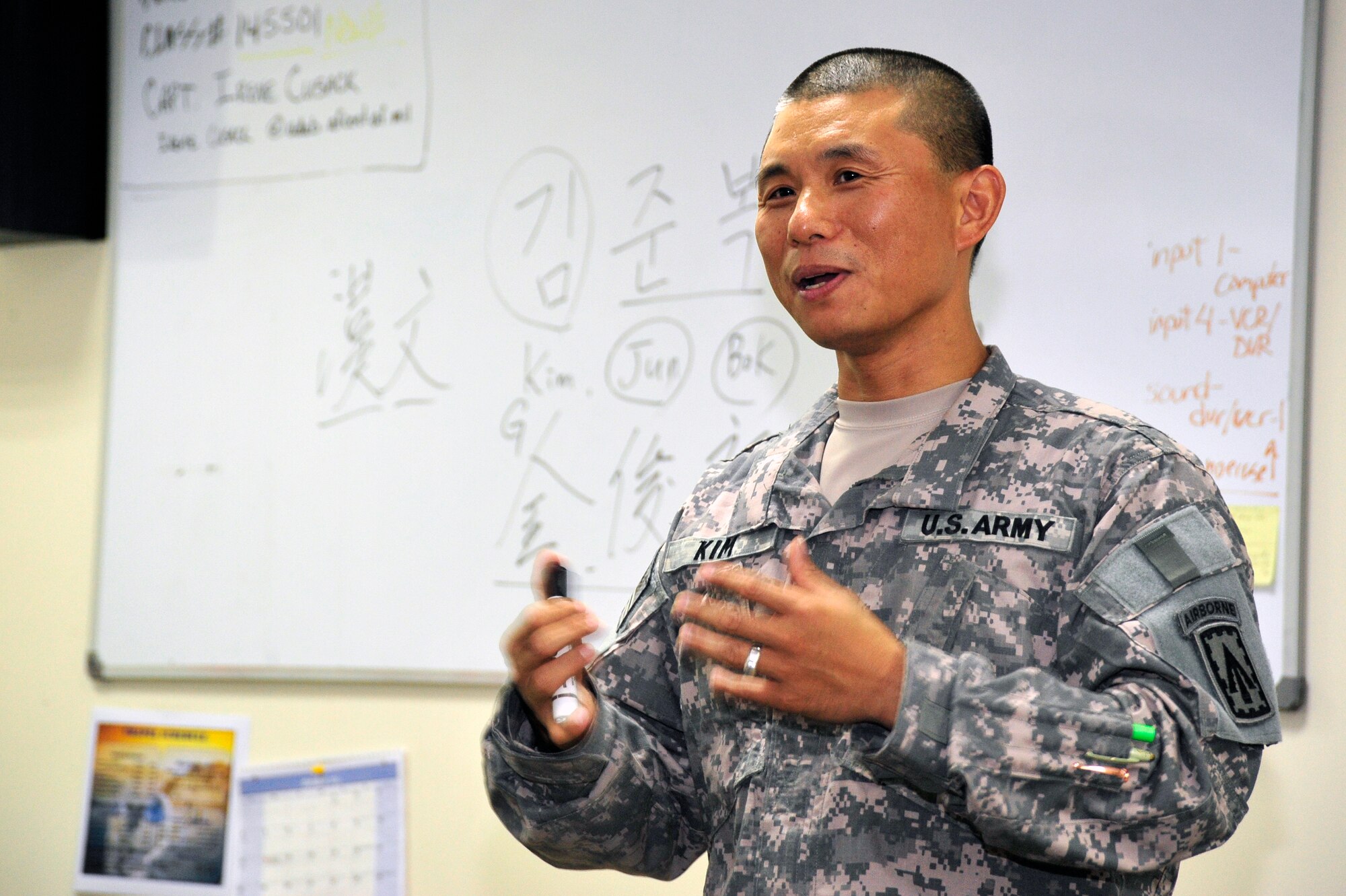 SOUTHWEST ASIA -Master Sgt. Jun Kim, U.S. Army, instructs a free Korean language (Hangul) course in the base chapel Oct. 29, 2009. Sergeant Kim teaches Hangul every Tuesday and Thursday at 7 p.m. on the second floor of the chapel. (U.S. Air Force photo/Tech. Sgt. Charles Larkin Sr)