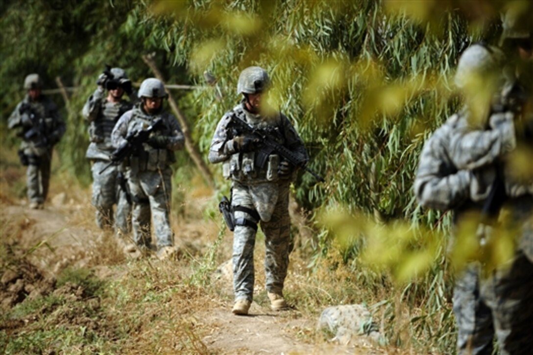 U.S. Air Force airmen search a field during a force protection patrol outside Joint Base Balad, Iraq, Oct. 17, 2009. Members of the 532nd Expeditionary Security Forces Squadron patrol to provide a security presence intended to deter anyone who would do harm to the people who live and work at the base. 