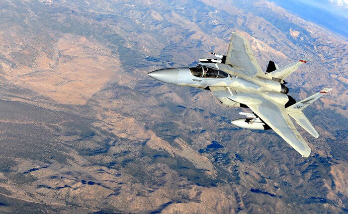 NEVADA TEST AND TRAINING RANGE, Nev. -- A U.S. Air Force F-15 Eagle from the 142nd Fighter Wing, Portland Air National Guard, Ore. flies on a training mission over the Nevada Test and Training Range during Red Flag 10-1 on Oct. 29, 2009. Red Flag is a realistic combat training exercise involving the air forces of the United States and its allies. The exercise is conducted on the 15,000-square-mile Nevada Test and Training Range, north of Las Vegas.  (U.S. Air Force photo by Airman 1st Class Brett Clashman)(Released)