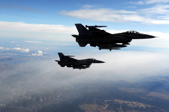 NEVADA TEST AND TRAINING RANGE, Nev. -- A 2-ship of F-16's from Shaw Air Force Base, S.C. head out to the Nevada Test and Training Range, Oct. 29, 2009 during Red Flag 10-1. Red Flag is a realistic combat training exercise involving the air forces of the United States and its allies. The exercise is conducted on  the 15,000-square-mile Nevada Test and Training Range, north of Las Vegas. Red Flag is one of a series of advanced training programs administered by the U.S. Air Force Warfare Center and Nellis, through the 414th Combat 
Training Squadron. 
(U.S. Air Force photo by Airman 1st Class Brett Clashman/Released)