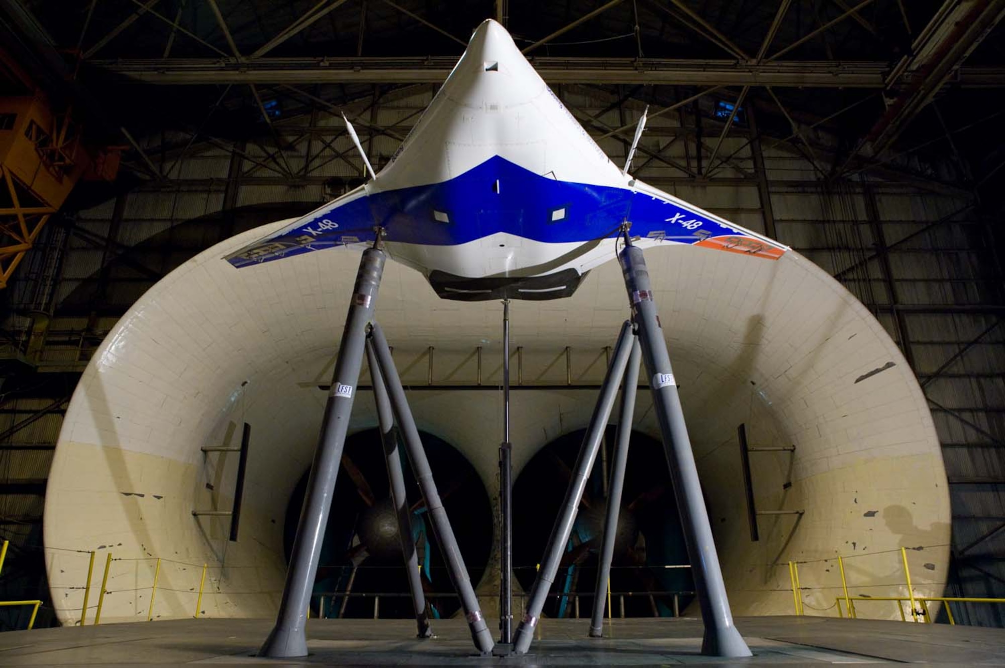 LANGLEY AIR FORCE BASE, Va. – An X-48C experimental aircraft is mounted in a full-scale wind tunnel here Aug. 31.  Old Dominion University operates the tunnel, which was built in 1930, for clients including NASA, Boeing Co. and the U.S. Air Force.  The tunnel measures 30x60 feet and is the largest university operated wind tunnel in the world.  The tunnel provides a controlled test environment to measure aerodynamic forces on vehicles.  ODU will cease wind tunnel testing on Sept. 4, and NASA's Langley Research Center will later dismantle the building because it is no longer strategically important to NASA’s aeronautical research.  (U.S. Air Force photo/Staff Sgt. Barry Loo)