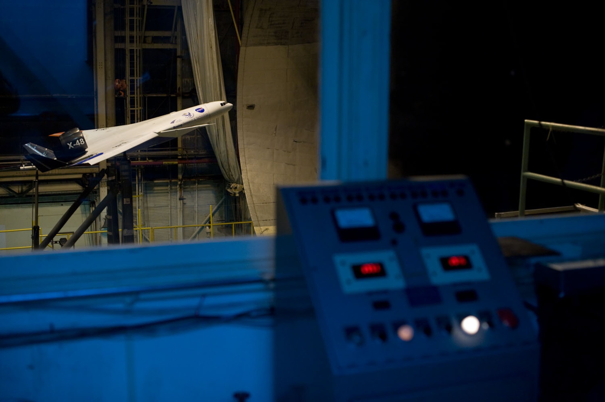 LANGLEY AIR FORCE BASE, Va. – An X-48C experimental aircraft is mounted in a full-scale wind tunnel here Aug. 31. Old Dominion University operates the tunnel, which was built in 1930, for clients including NASA, Boeing Co. and the U.S. Air Force. The tunnel measures 30x60 feet and is the largest university operated wind tunnel in the world. The tunnel provides a controlled test environment to measure aerodynamic forces on vehicles. ODU will cease wind tunnel testing on Sept. 4, and NASA's Langley Research Center will later dismantle the building because it is no longer strategically important to NASA’s aeronautical research. (U.S. Air Force photo/Senior Airman Scott Aldridge)