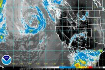 This Sept. 1 satellite image shows a large smoke trail from California bending around a high-pressure system located above Arizona and New Mexico. That system is pushing smoke toward Colorado, causing hazy and somewhat smoky conditions. (Courtesy image/National Oceanic and Atmospheric Administration)
