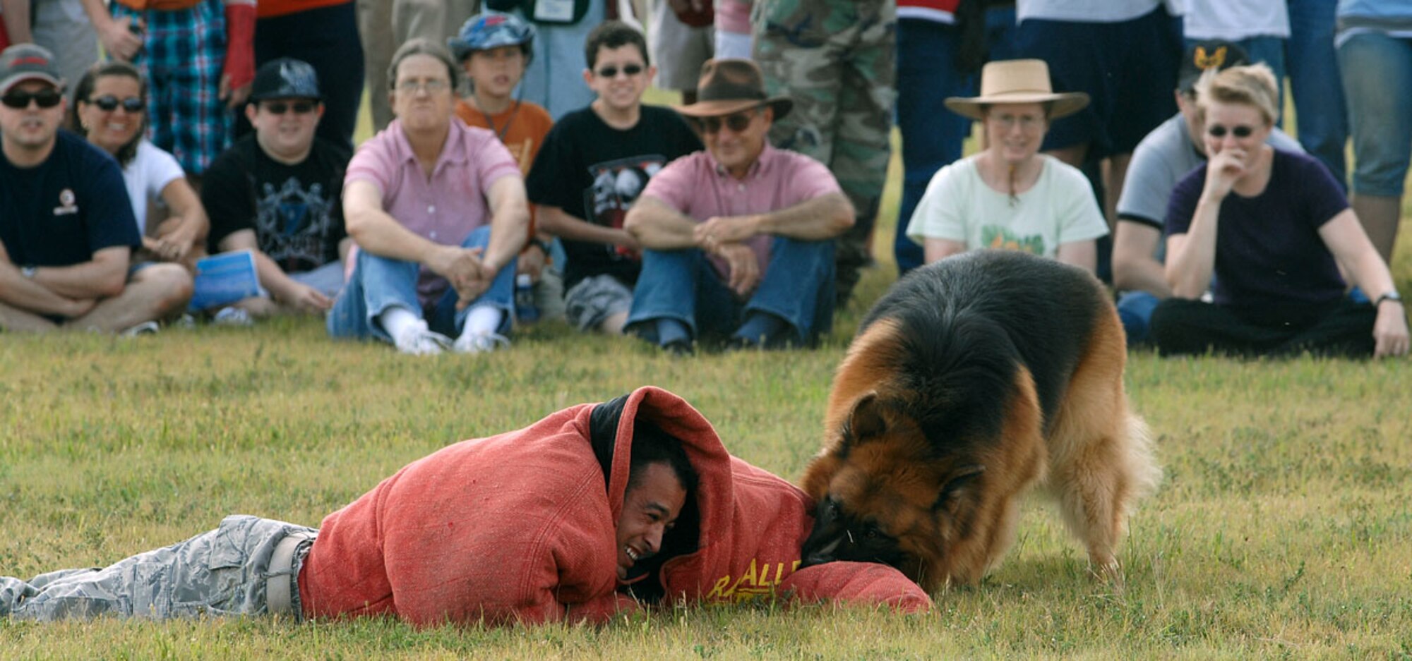 Military working dog, Atom, takes a bite on Staff Sgt. Juan Garcia, 22nd Security Forces MWD handler, Aug. 29, during a MWD demonstration at the Wichita Flight Festival at the Colonel James Jabara Airport, Wichita, Kan. Sergeant Garcia wore a protective suit during the demonstration, which MWD handlers often use when training dogs to apprehend suspects.   (U.S. Air Force photo by Senior Airman Jessica Lockoski)