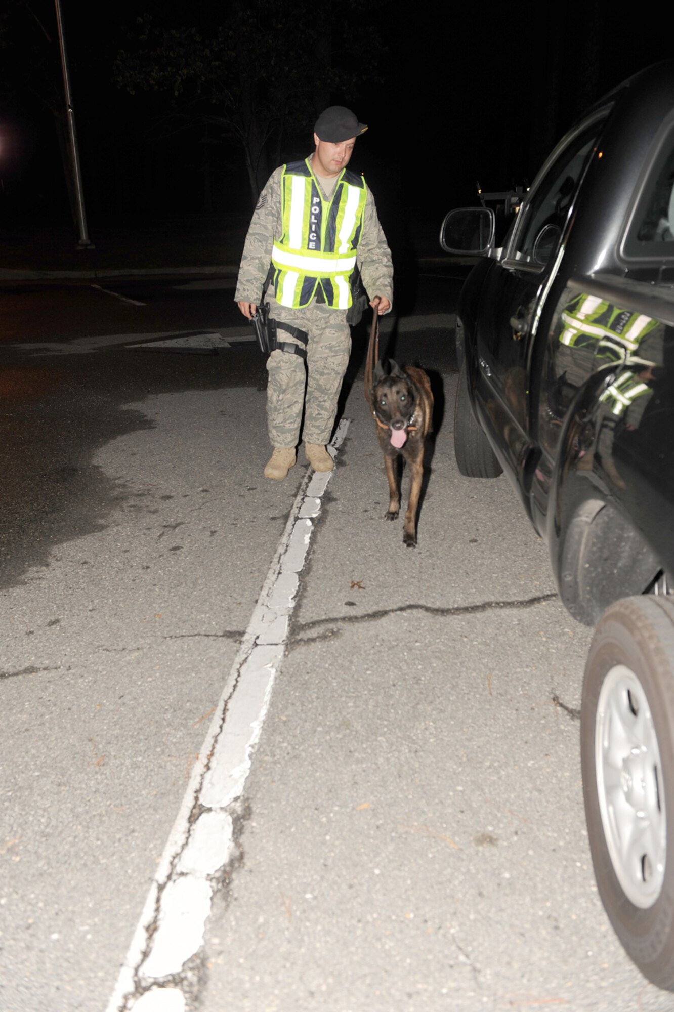 Tech. Sgt. Matthew Mayhugh, 4th Security Forces Squadron military working dog handler, walks his dog, Ralph, around vehicles to ensure no illegal drugs were being transported onto Seymour Johnson Air Force Base, N.C., Aug. 29, 2009. Sergeant Mayhugh and Ralph were part of Operation Nighthawk, a drug demand reduction operation aimed at keeping drugs off the installation. (U.S. Air Force photo by Airman 1st Class Gino Reyes)