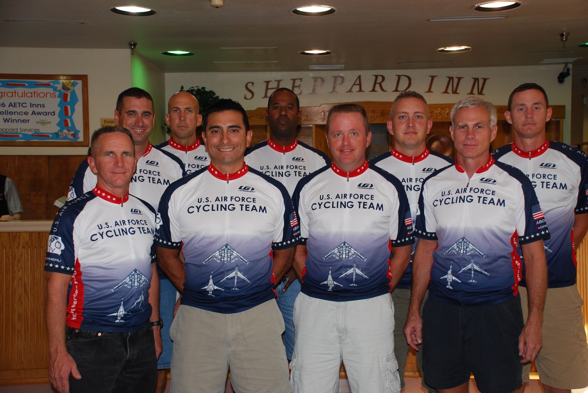 Members of the Air Force Cycling Team pose Aug. 28. Thirty-five members of the Air Force Cycling Team visited Sheppard for the fifth consecutive year participate in the Hotter N’ Hell Hundred, the largest annual international bicycle race. The team is made of riders from various Air Force bases that come together to ride in races throughout the country. (U.S. Air Force photo/Airman 1st Class Candy Miller)