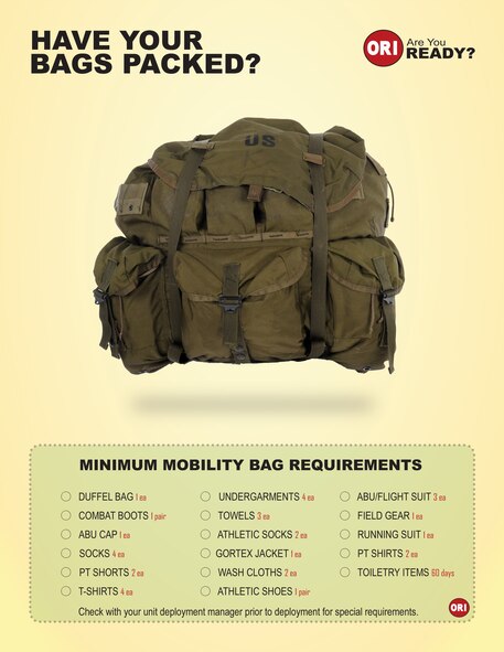 MOODY AIR FORCE BASE, Ga. -- In case of a short-notice tasking to deploy, individuals are reminded to always have a personal bag packed that contains the required items. Check with your unit deployment manager for any additional requirements before reporting for duty. (U.S. Air Force graphic by Senior Airman Gina Chiaverotti-Paige)
