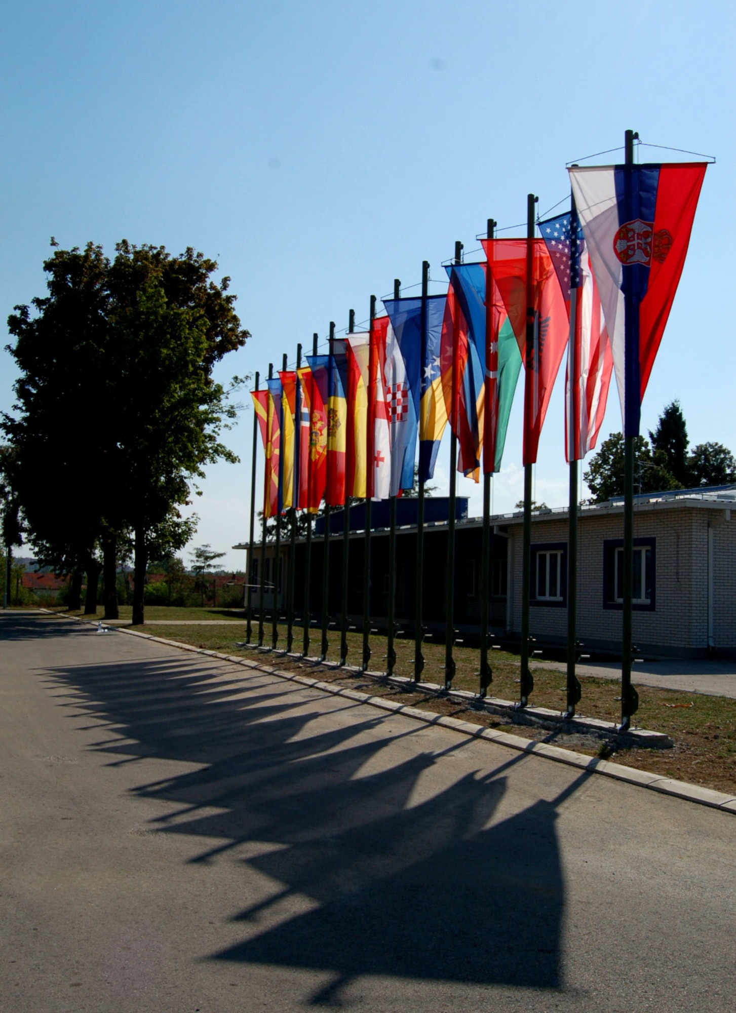 NIS, Serbia – Flags of participating countries in the military medical training exercise in Central and Europe, better known as MEDCEUR 2009, in Nis, Serbia, are flown outside the exercise headquarters in representation of the 15 countries participating in MEDCEUR 2009. More than 600 participants flocked to Nis to partake in various medical classes and simulations designed to increase overall knowledge of emergency medical response. (U.S. Air Force photo/Senior Airman Kali L. Gradishar)