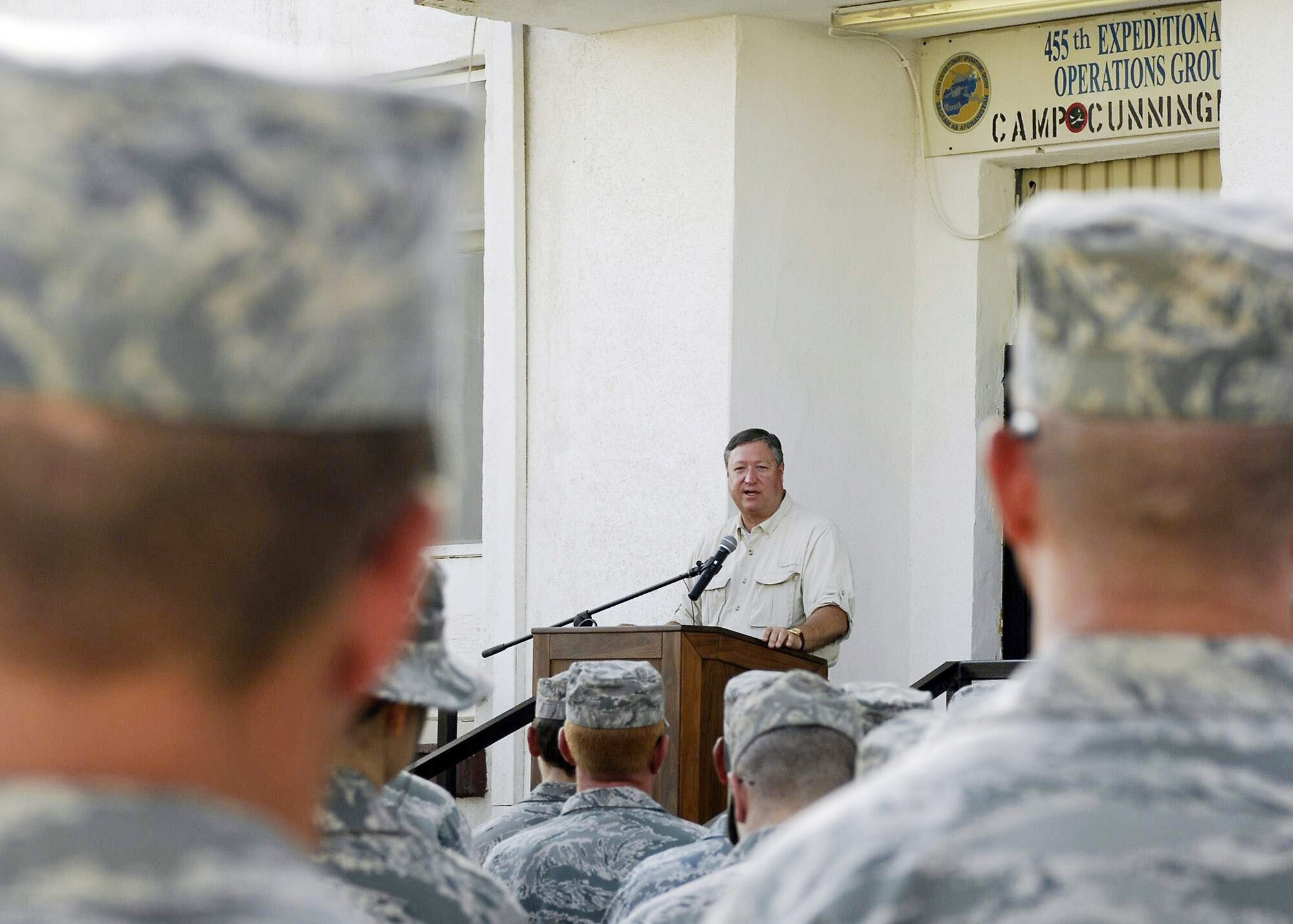 Secretary of the Air Force Michael B. Donley thanks members of the 455th Air Expeditionary Wing for their efforts in taking the fight to the enemies of 
Afghanistan Aug. 29, 2009, at Bagram Airfield, Afghanistan. Secretary Donley listed many missions Airmen carry out on a daily basis in support of the joint fight and thanked the Airmen for all their hard work.  (U.S. Air Force photo/Senior Airman Felicia Juenke)