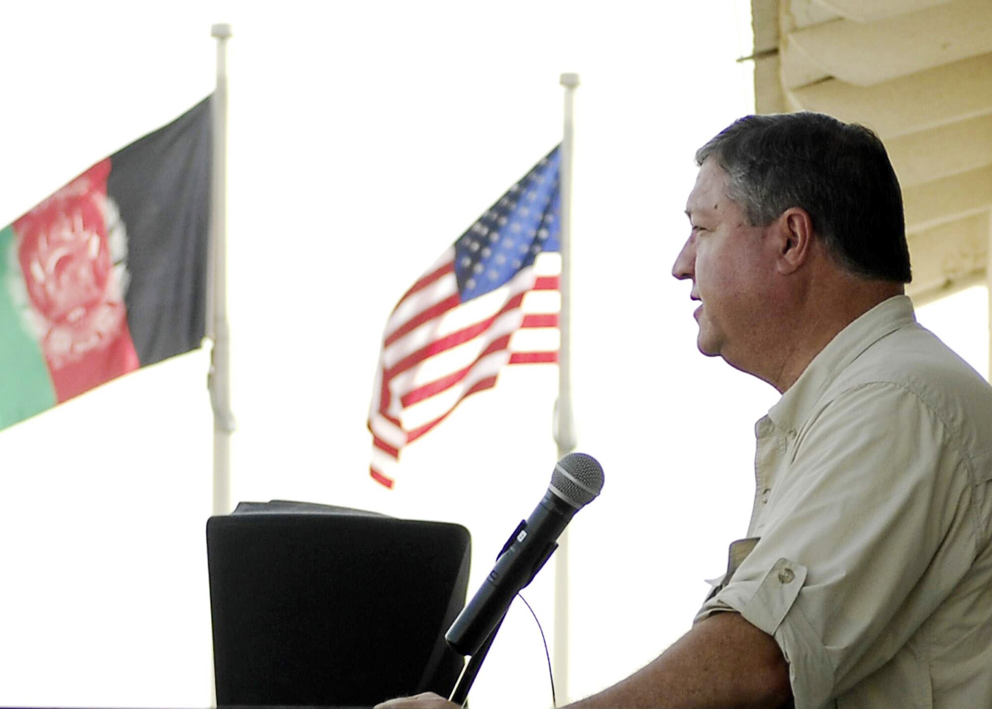 Secretary of the Air Force Michael B. Donley addressed more than 300 members of the 455th Air Expeditionary Wing during an Airmen's Call Aug. 29, 2009, at Bagram Airfield, Afghanistan. Secretary Donley thanked Bagram Airfield Airmen for their support in the war and urged them to continue supporting all joint and coalition efforts.  (U.S. Air Force photo/Senior Airman Felicia Juenke) 
