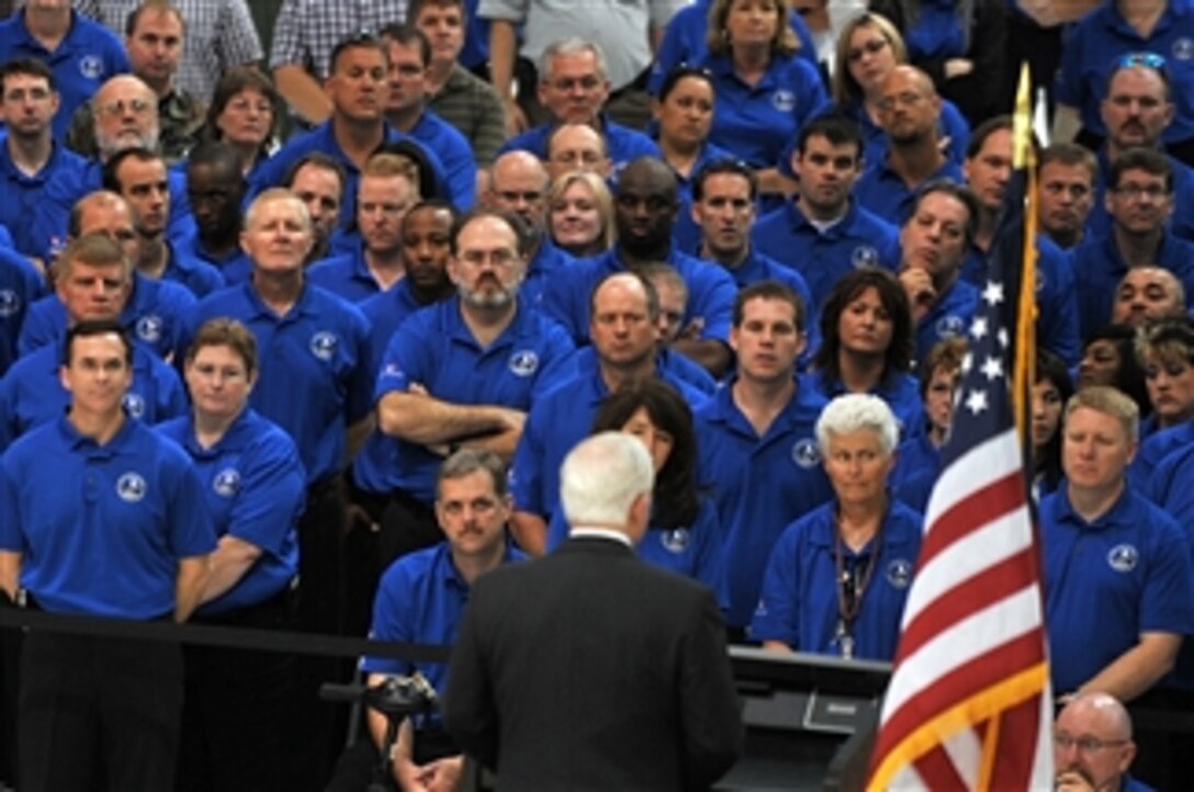 Secretary of Defense Robert M. Gates speaks with nearly 300 plant workers after taking a tour of the MC-12 production facility in Greenville, Texas, on Aug. 31, 2009.  The MC-12 is a medium-altitude manned special-mission turboprop aircraft designed for intelligence, surveillance and reconnaissance which will be deployed in theatre in support of coalition and joint ground forces.  