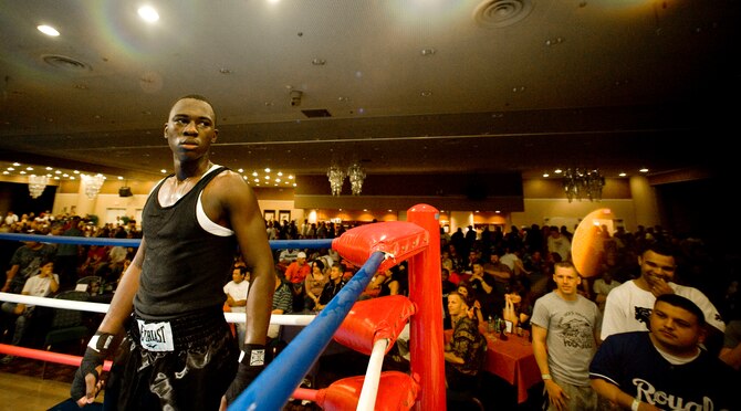 MISAWA AIR BASE, Japan -- Corey Brooks stands victorious after a middleweight Friday Night Fight Night bout Aug. 28. Due to the event's success, there is already a second installment scheduled to take place later this month. (U.S. Air Force photo/Senior Airman Jamal D. Sutter)