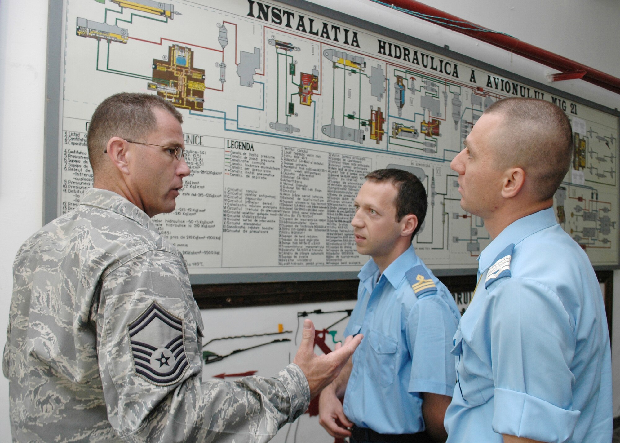 Senior Master Sgt. Timothy Kellner asks Romanian Air Force Warrant Officer Second Class Dima Valentin, (far right), questions about the hydraulic system for the MiG-21 Lancer Aug. 25, 2009 in Boboc, Romania. Sergeant Kellner's visit to the Traian Vuia Air Force Warrant Officer and NCO Military School, is part of a three-person U.S. Air Forces in Europe maintenance NCO training program traveling contact team who met with Romanian air force aircraft maintainers and warrant officer and NCO school instructors Aug. 25 through 28. Sergeant Kellner is the 31st Maintenance Group quality assurance superintendent. (U.S. Air Force photo/Tech. Sgt. Michael O'Connor) 
