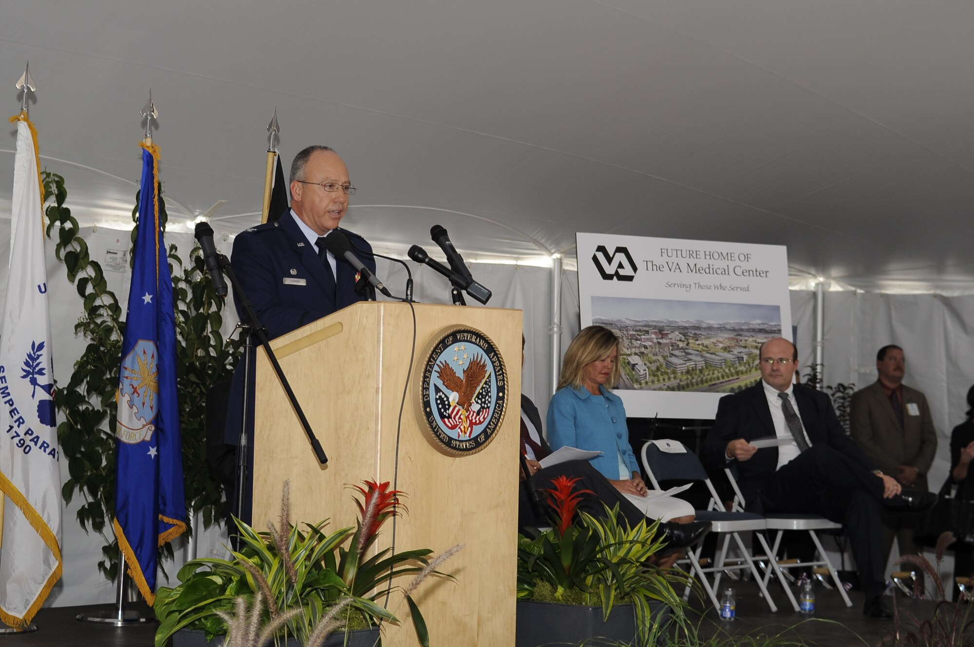 Col. Michael Chyrek, 460th Medical Group commander, says a few words about the importance of the hospital to both veterans and active-duty military during the groundbreaking. (U.S. Air Force photo by Senior Airman Erika Brooke)