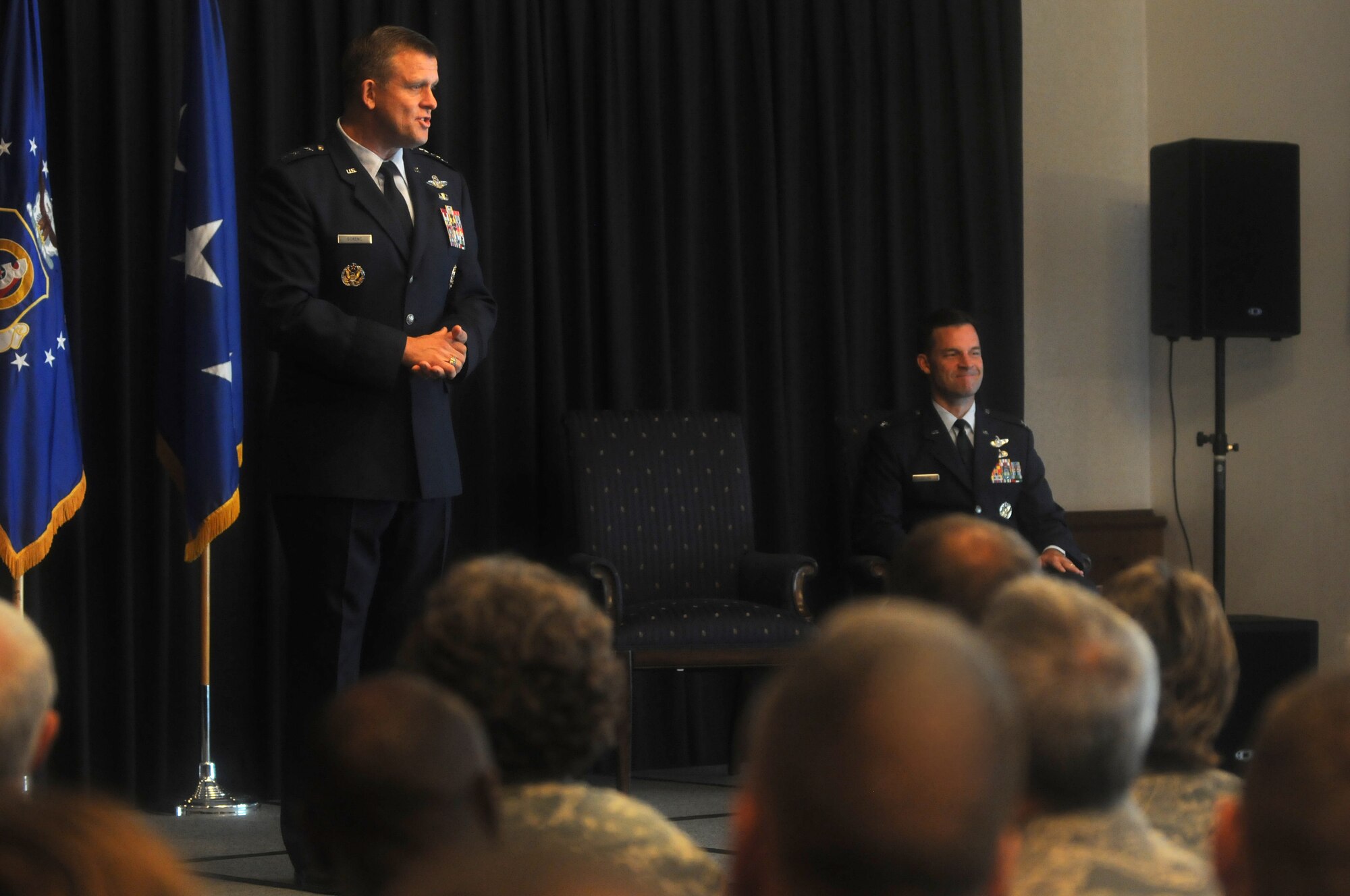 Lt. Gen. Frank Gorenc, 3rd Air Force commander, speaks at the promotion ceremony for 86th Airlift Wing Commander Brig. Gen. Mark Dillon at the Officer's Club on Ramstein Air Base, Germany, Sept. 2. (U.S. Air Force photo by Staff Sgt. Charity Barrett)