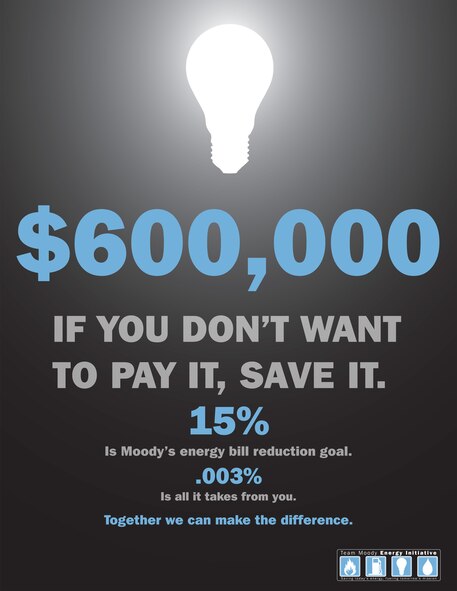 MOODY AIR FORCE BASE, Ga. -- As part of an Air Force initiative, Moody is upgrading technology throughout the base in an effort to conserve energy. Together, we can help reduce energy consumption to reach Moody’s goal of 15 percent energy reduction by October 2010. (U.S. Air Force graphic by Senior Airman Gina Chiaverotti-Paige)