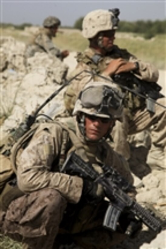 U.S. Marine Corps Sgt. Greensage provides security during a reconnaissance patrol in the Nawa district of the Helmand province of Afghanistan on Aug. 29, 2009.  Greensage is assigned to Alpha Company, 1st Battalion, 5th Marine Regiment and deployed with Regimental Combat Team 3 to conduct counterinsurgency operations in partnership with the Afghan National Security Forces in southern Afghanistan.  