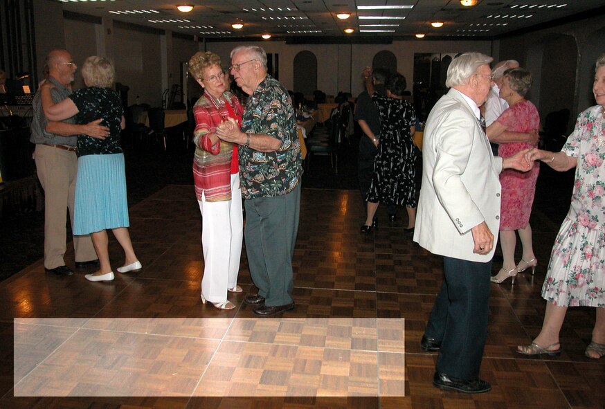 Dancing the night away: Couples from the Milt Rasmussen Dance Club met at the Hap Arnold Club Friday, Aug. 21 for a dinner dance. Retirees and their wives danced to live music. Organizers of the event hope to make the club a regular hot spot for their monthly dances. (U.S. Air Force photo by Tech. Sgt. Joe Davidson)