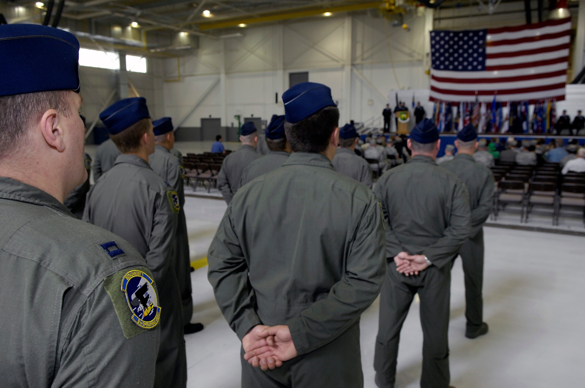 MINOT AIR FORCE BASE, N.D. -- 69th Bomb Squadron members watch as the squadron commander addresses them for the first time during the 69th activation ceremony here Sept. 3. The new unit is the fourth operational B-52H Stratofortress squadron in the Air Force and joins the 23rd Bomb Squadron as the second squadron at Minot.  Barksdale Air Force Base, La. has two operational B-52 units, the 20th and 96th. (U.S. Air Force Photo by Airman 1st Class Benjamin Stratton)