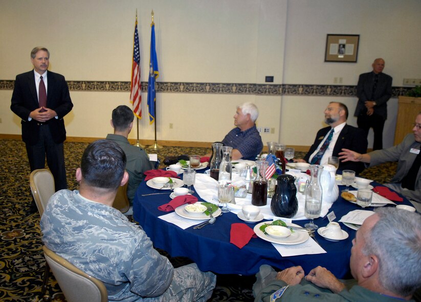 MINOT AIR FORCE BASE, N.D. -- N.D. Governor John Hoeven, speaks with members of the Minot Area Council at the Jimmy Doolittle Center during his visit for the activation of the 69th Bomb Squadron here, Sept. 3.  The new unit is the fourth operational B-52H Stratofortress squadron in the Air Force and joins the 23rd Bomb Squadron as the second squadron at Minot.  Barksdale Air Force Base, La. has two operational B-52 units, the 20th and 96th. (U.S. Air Force Photo by Airman 1st Class Benjamin Stratton)