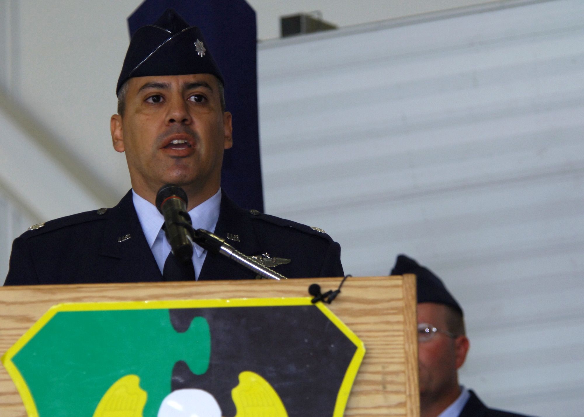 MINOT AIR FORCE BASE, N.D. -- Lt. Col. Michael Cardoza, 69th Bomb Squadron commander, during the 69th’s activation ceremony here Sept. 3. The new squadron was established to provide each B-52 Wing with two active-duty combat coded squadrons, which will give the Air Force “bench depth” to rotate the squadrons across the mission sets as recommended in the Defense Science Board Report. (U.S. Air Force photo by Tech. Sgt. Lee A. Osberry Jr.)