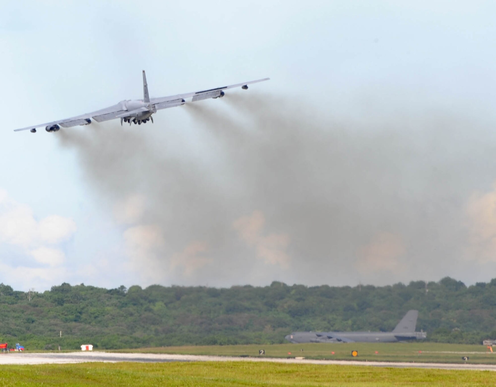 A B-52 Stratofortress from the 96th Expeditionary Bomb Squadron takes off
from Andersen Air Force Base, Guam, Aug. 25.  The B-52s were flying to
support an exercise known as Jungle Shield.  The B-52s are deployed from
Barksdale AFB, La., to support U.S. Pacific Command's Continuous Bomber
Presence in the Asia-Pacific region.  (U.S. Air Force photo/Senior Airman
Christopher Bush/Released)
