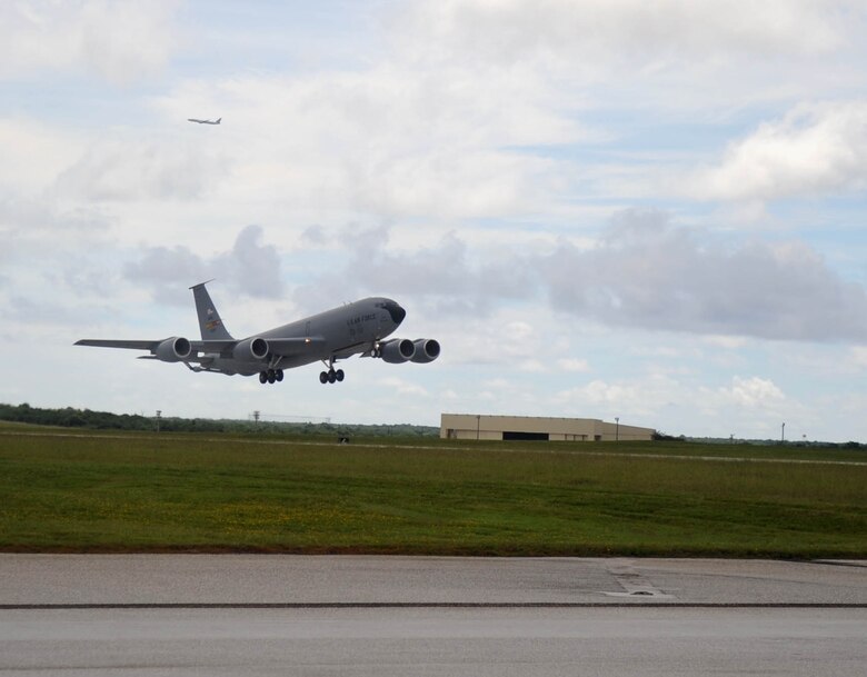 A KC-135 Stratotanker from the 506th Expeditionary Air Refueling Squadron,
takes off from Andersen Air Force Base, Guam, Aug. 25.  The KC-135 flew as a
target of interest in an exercise known as Jungle Shield.  The KC-135s were
deployed to support U.S. Pacific Command's Theater Support Package and
Continuous Bomber Presence in the Asia-Pacific region. They redeployed to
March Air Reserve Base, Cali., Aug. 31.  (U.S. Air Force photo/Senior Airman
Christopher Bush/Released)
