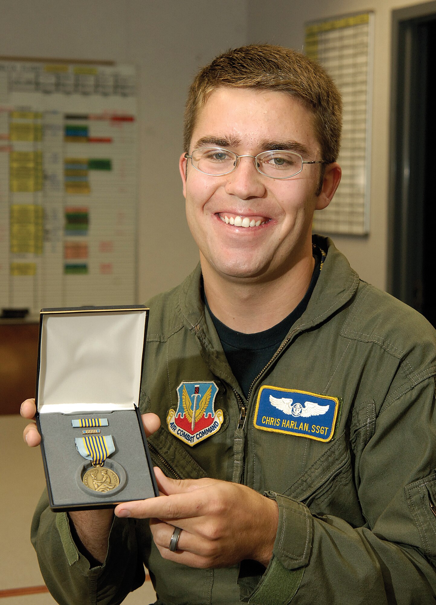Staff Sgt. Chris Harlan was awarded the Airman’s Medal, which is awarded for heroism involving the voluntary risk of life outside of combat. Sergeant Harlan and his friends saved the lives of four exchange students drowning at Turner Falls.
(Air Force photo by Margo Wright)
