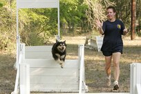 Diane Swanson encourages her Australian Shepherd, Kalli, over a hurdle at Lackland Air Force Base. Ms. Swanson is a course manager for Lackland's 341st Training Squadron and enjoys the sport of agility with her dog.  (U.S. Air Force photo/ Robbin Cresswell)