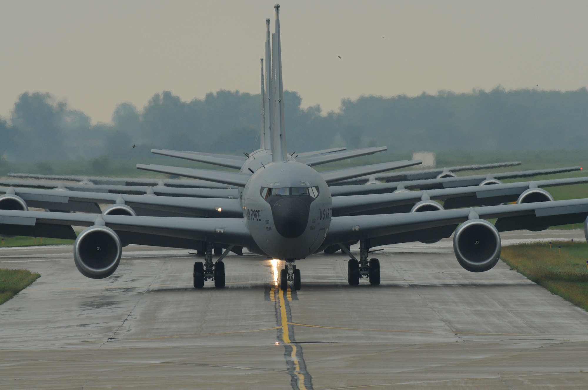 A group of four KC-135's from the 185th Air Refueling Wing, Iowa Air National Guard, taxi prior to take off from the Sioux City regional airport. The aircraft are departing for a local air refueling mission. Sioux City is home for to the 185th Air Refueling Wing.
USAF Photo by:  MSGT Vincent De Groot
